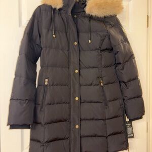 NEW Women's Lauren Ralph Lauren Black Puffer Coat with Faux Fur Medium